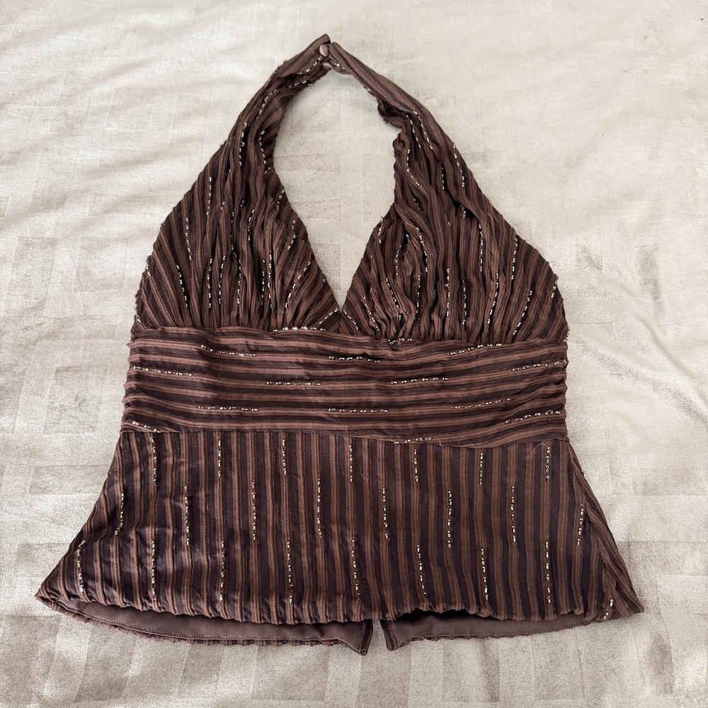 VTG Y2K Cache Top 8 Brown Beaded Halter Camisole Ottoman Stripe Party Blouse
